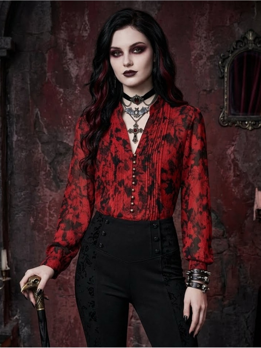 Coldwater Creek S Vampy Goth Red Rose Black Floral Chiffon Pintuck Blouse Top